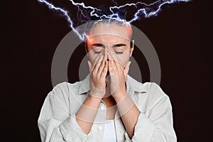 Young woman having headache on brown background. Illustration of lightnings representing severe pain