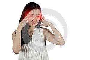 Young woman having headache in white background with clipping path