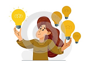 Young woman having a lot of ideas and choosing best one to solve some problem, vector illustration of a young person who is