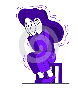 Young woman having a psychological problem of stress or anxiety, vector illustration of stressed girl having mental disorder or