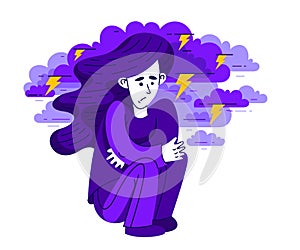 Young woman having a psychological problem of stress or anxiety, vector illustration of stressed girl having mental disorder or
