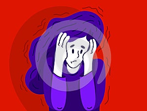 Young woman having a psychological problem of stress or anxiety, vector illustration of stressed girl having mental disorder or