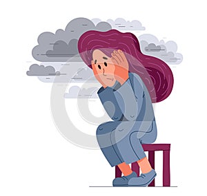 Young woman having a psychological problem of stress or anxiety, vector illustration of stressed girl having mental disorder or