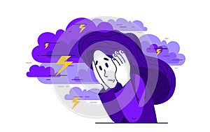 Young woman having a psychological problem of stress or anxiety, vector illustration of stressed girl having mental disorder or