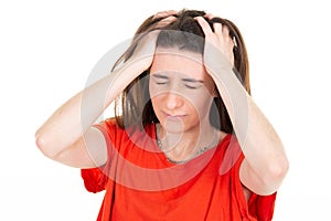 Young woman headache and stressed hands on head