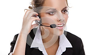 Young woman with headphone on white background