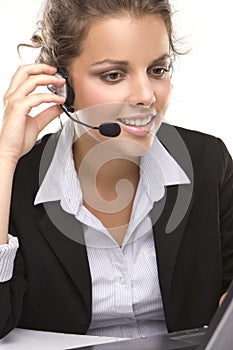 Young woman with headphone on white background