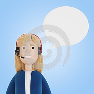 Young woman in headphones with a cloud. Online assistant. Customer and operator concept. Technical support 24-7 for the web page.
