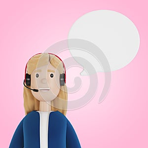 Young woman in headphones with a cloud. Online assistant. Customer and operator concept. Technical support 24-7 for the web page.