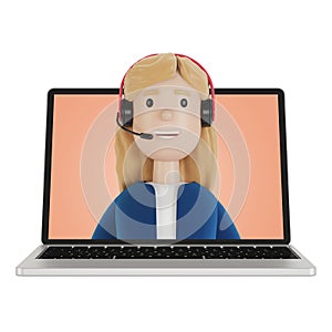 Young woman with headphones in a laptop. Online assistant. Customer and operator concept. Technical support 24-7 for the web page.