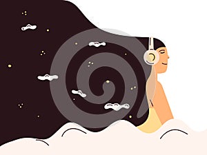 Young woman with headphones listening to music. Concept of relaxation, good mood, rest. Flat vector illustration. Vector