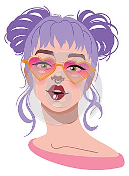 young woman with heart shaped glasses and purple hair