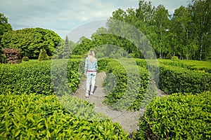 Young woman in hedge maze on sunny day, back view