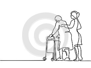 Young woman help old woman using a walking frame