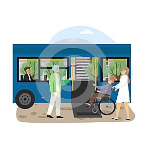 Young woman helping disabled man in wheel chair to board city bus using wheelchair access ramp, flat vector illustration