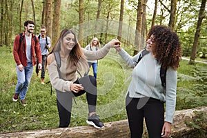 Young woman helping girlfriend step over a fallen tree during a hike with friends in a forest