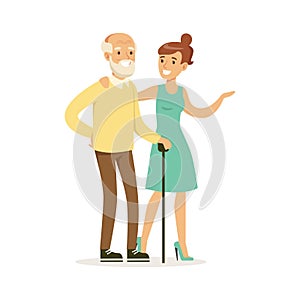 Young woman helping and supporting elderly man, healthcare assistance and accessibility colorful vector Illustration