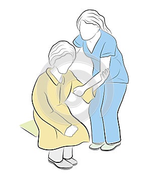 A young woman helps raise an elderly woman. health care. care for the elderly. vector illustration.