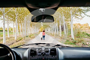 young woman and her border collie dog walking by a trees path. View from inside the van. travel and pets concept