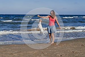Young woman and her cute small jack russell terrier playing at the beach with a tennis ball. Summer and holidays concept