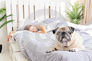 Young woman with her dog in a bed. Breakfast in bed