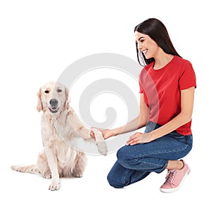 Young woman and her Golden Retriever dog on white