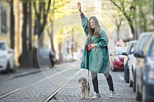 young woman with her pet signaling for a taxi