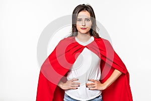 Young woman her wear in hero cout isolated on white background