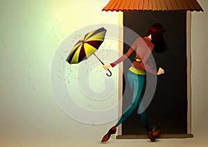 Young Woman hiding from Rain with Umbrella