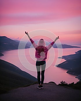 young woman hiker open arms on top of a mountain at sunrise. ai generative