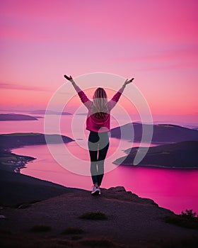 young woman hiker open arms on top of a mountain at sunrise. ai generative