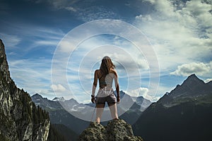 Young woman hiker standing on top of a mountain and enjoying the view, Extreme woman rock climbing on a mountain, rear view, no