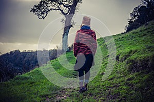 Young woman hiking on hill by tree
