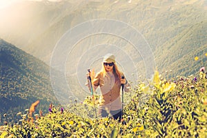 Young Woman hiking Travel Lifestyle concept Summer journey