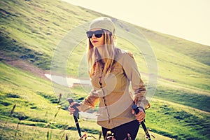 Young Woman hiking Travel Lifestyle concept Summer journey