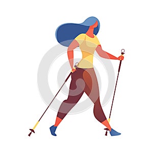 Young woman hiking with walking poles exersising nordic walking. Isolated on white healthy lifestyle illustration in contemporary