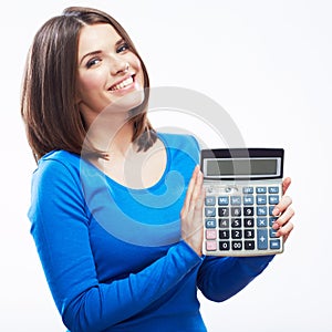 Young woman hold digital calculator. Female smiling model white