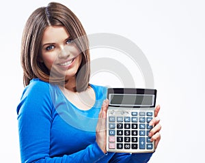 Young woman hold digital calculator. Female smilin