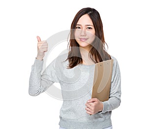 Young woman hold with file pad and thumb up