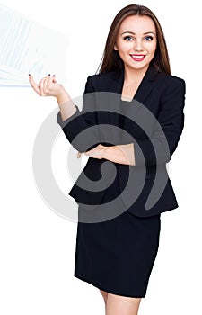 Young woman hold pages of paper isolated over white