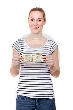 Young woman holding 10 dollar