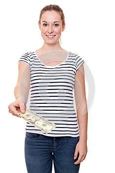 Young woman holding 10 dollar
