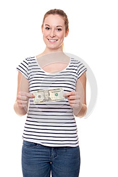 Young woman holding 20 dollar