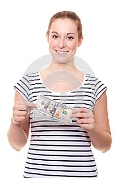 Young woman holding 200 dollar