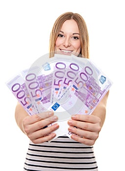 Young woman holding 2500 Euro