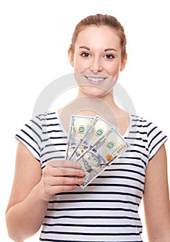 Young woman holding 300 dollar