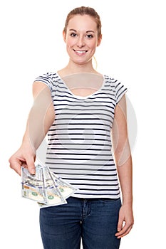 Young woman holding 300 dollar