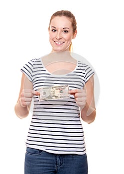 Young woman holding 50 dollar