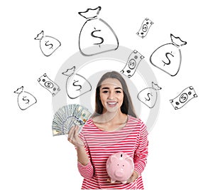 Woman holding American dollars and piggy bank against white background with drawn money