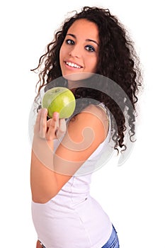 Young woman holding apple. Isolated over white